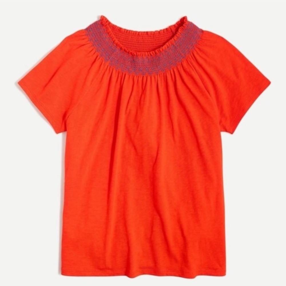 J. Crew Factory Red-Orange Embroidered Smocked Neck Tee - Size L